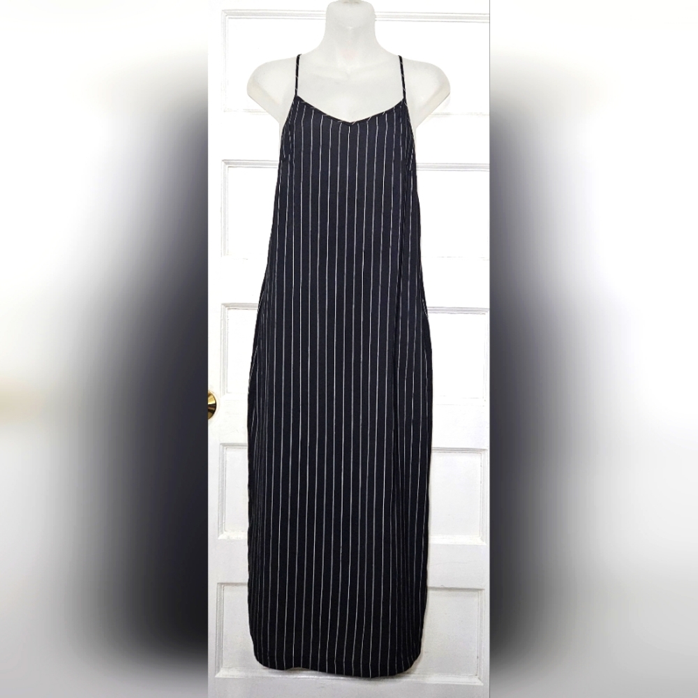 Express Pinstripe Low Back Midi Slip Dress with Back Slit Sz XS